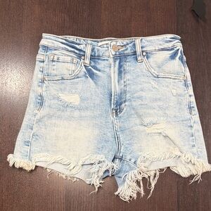 Trendy Frayed Hem Light Blue Denim Shorts